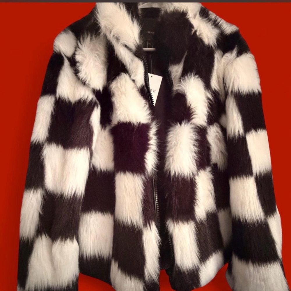 Forever 21 Black and White Checkered Teddy Jacket